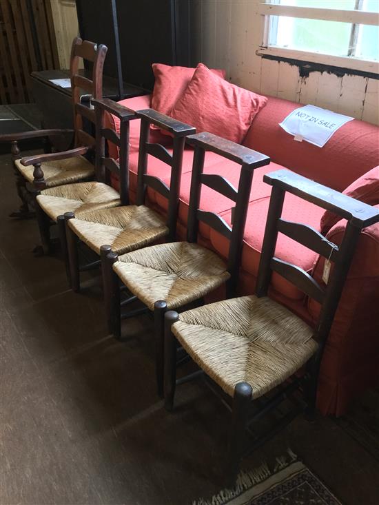 Victorian ladder-back rocking chair & four rush-seat chairs (ex-St Pauls Cathedral)